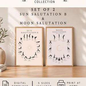 Könnte beinhalten: Ein Set aus zwei gerahmten Postern mit dem Titel Wellness Sets Collection, die die Yoga-Sequenzen Sonnengruß B und Mondgruß zeigen. Jedes Poster enthält schwarze Silhouettenfiguren in verschiedenen Posen, angeordnet in einem Kreis.