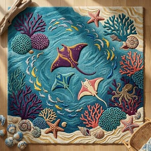 Op de afbeelding: Een vierkant tapijt met een onderwaterscène. Het tapijt heeft een turquoise blauwe achtergrond met gedetailleerde afbeeldingen van koraal, zeesterren, roggen en scholen vissen. Het ontwerp bevat tinten paars, roze, geel en wit.