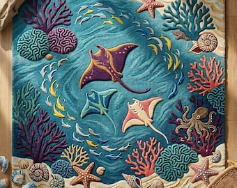 Luxury Hand Tufted Ocean Rug Coastal Marine Wool Carpet Beach House Nursery Decor