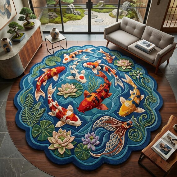 Hand Tufted Wool Koi Pond Rug Round Area Carpet Lotus Sculpted Luxury Decor