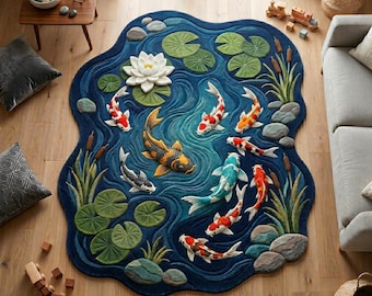 Handmade Koi Fish Rug Modern Wool Area Carpet Sculpted Pond Inspired Decor