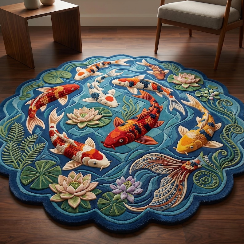 May include: A round, blue rug featuring a koi pond design. The rug depicts colorful koi fish swimming among lily pads and water plants. The fish are red, orange, yellow, and white, with detailed patterns.
