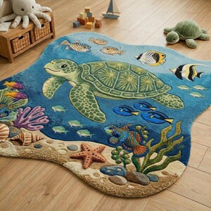 Kids Ocean Rug Handmade Tufted Sea Turtle Animal Nursery Decor Carpet image 2