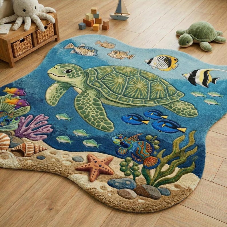 Kids Ocean Rug Handmade Tufted Sea Turtle Animal Nursery Decor Carpet image 2