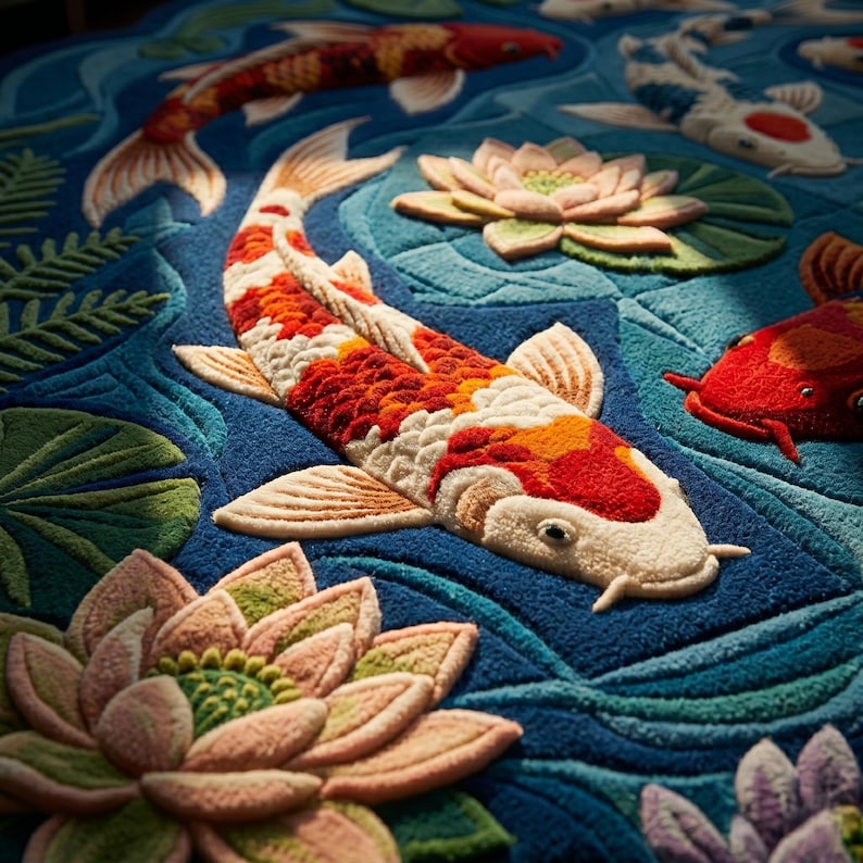 May include: A blue rug featuring a detailed design of koi fish and lily pads. The koi fish are in shades of red, orange, and white, while the lily pads are green and the flowers are pink. The rug has a textured appearance.