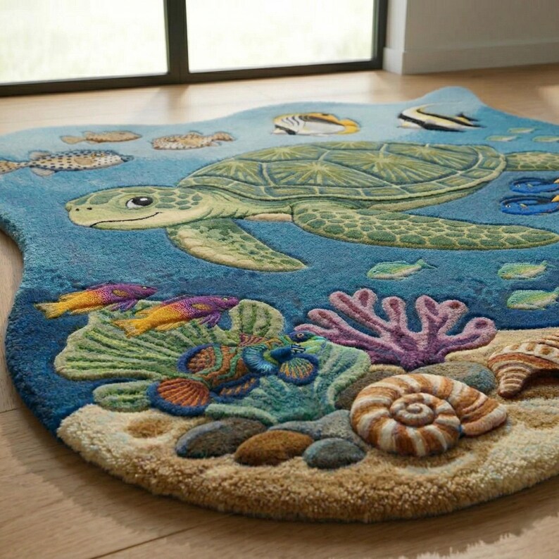 May include: A whimsical, ocean-themed rug featuring a large green sea turtle swimming in a blue sea. Colorful fish, coral, and seashells are also depicted. The rug has a unique, irregular shape and is made of a soft, textured material.