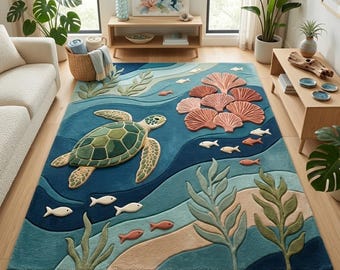 Sea Turtle Rug Ocean Area Rug Coastal Wool Carpet Underwater Nursery Decor