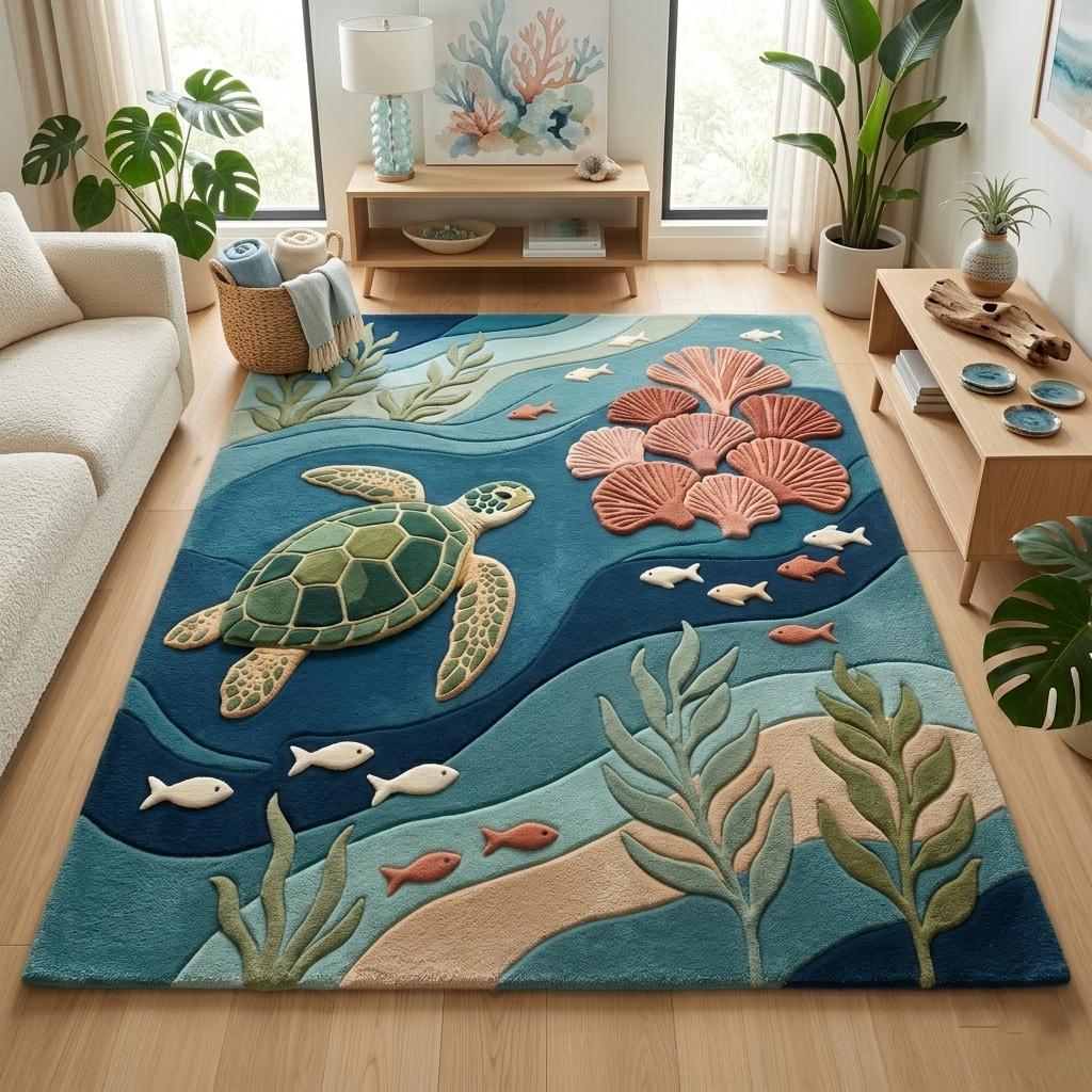 Sea Turtle Rug Ocean Area Rug Coastal Wool Carpet Underwater Nursery Decor