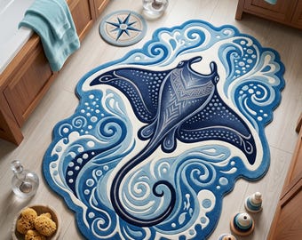 Handmade Tufted Manta Ray Rug Blue Ocean Coastal Living Room Area Carpet