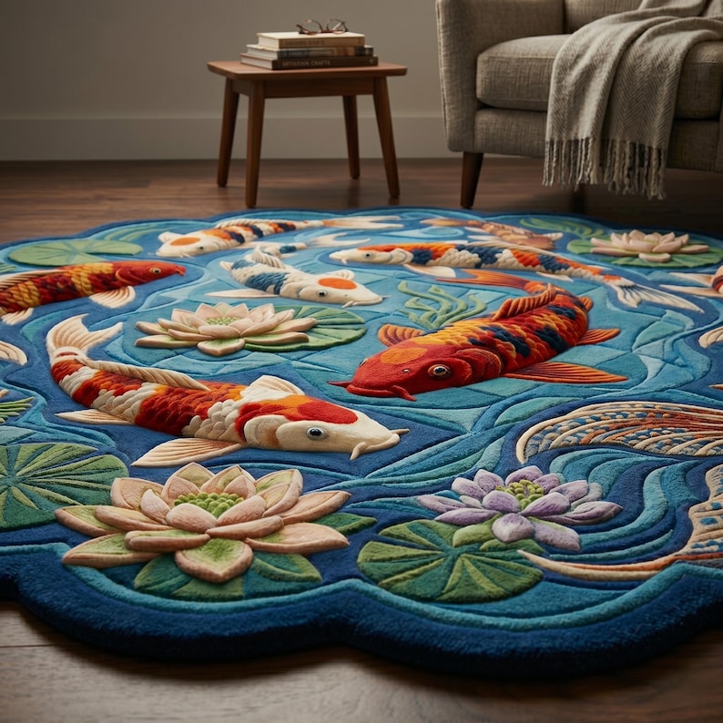 May include: A round, blue rug featuring a pond scene with koi fish and lily pads. The koi fish are in shades of orange, red, white, and black. The lily pads and flowers are green, pink, and purple.