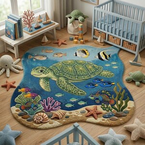 Kids Ocean Rug Handmade Tufted Sea Turtle Animal Nursery Decor Carpet image 3