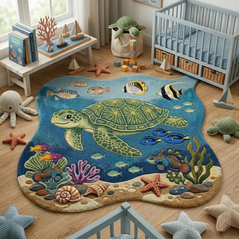 Kids Ocean Rug Handmade Tufted Sea Turtle Animal Nursery Decor Carpet image 3