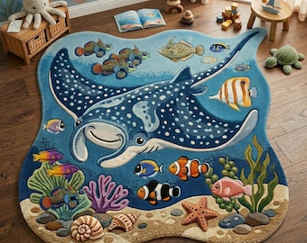 Whale Shark Hand Tufted Wool Rug Ocean Nursery Coastal Kids Bedroom Area Carpet Decor