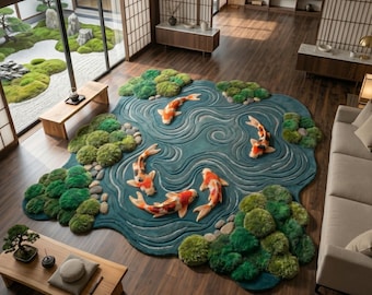 Hand Tufted Koi Pond Rug Luxury Japanese Moss Carpet Organic Designer Statement Decor