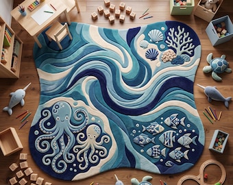 Ocean Sea Life Rug, Hand Tufted Wool Area Carpet, Coastal Nursery Kids Playroom Decor