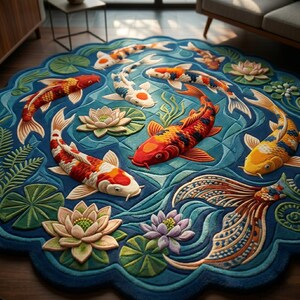 May include: A round, blue rug featuring a koi pond design. The rug showcases colorful koi fish in shades of red, orange, yellow, and white, swimming among water lilies and aquatic plants. The rug's edge has a scalloped border.