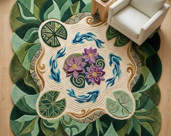 Hand Tufted Botanical Rug Handmade Area Rug Floral Nature Living Room Decor Statement Carpet