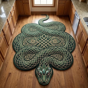 May include: A green and gold snake-shaped rug with intricate Celtic knotwork and geometric patterns. The rug features a detailed snake head with gemstone-like accents and stylized eyes. The rug is placed on a hardwood floor.
