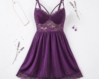 Backless Lace Nightgown Set, Gathered Bra Sleepwear, Romantic Lingerie Thong