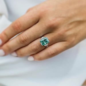 Emerald Cut Green Sapphire Ring, Three Stone Engagement Ring, Baguette Diamond Ring, White Gold Bridal Ring, Unique Statement Jewelry