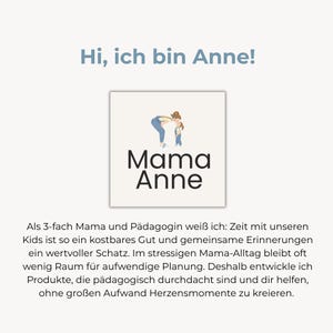 May include: A white square graphic with the text "Mama Anne" in black, with a small illustration of a mother and child. Above the graphic is the text "Hi, ich bin Anne!" in blue.
