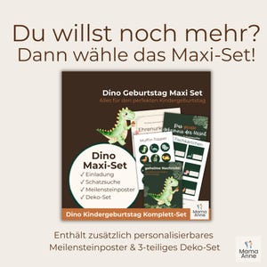 Peut inclure: Un ensemble Dino Maxi-Set pour une f&ecirc;te d'anniversaire d'enfant, comprenant des invitations, une chasse au tr&eacute;sor, une affiche de jalons et un ensemble d&eacute;coratif. L'ensemble pr&eacute;sente un graphisme de dinosaure et du texte en allemand.