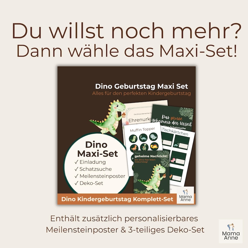 Peut inclure: Un ensemble Dino Maxi-Set pour une f&ecirc;te d'anniversaire d'enfant, comprenant des invitations, une chasse au tr&eacute;sor, une affiche de jalons et un ensemble d&eacute;coratif. L'ensemble pr&eacute;sente un graphisme de dinosaure et du texte en allemand.
