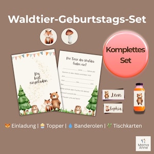 Digitale Einladung Kindergeburtstag Waldtiere – Set mit Einladungskarte, Muffin Topper, Tischkarten und Banderolen zum Ausdrucken"