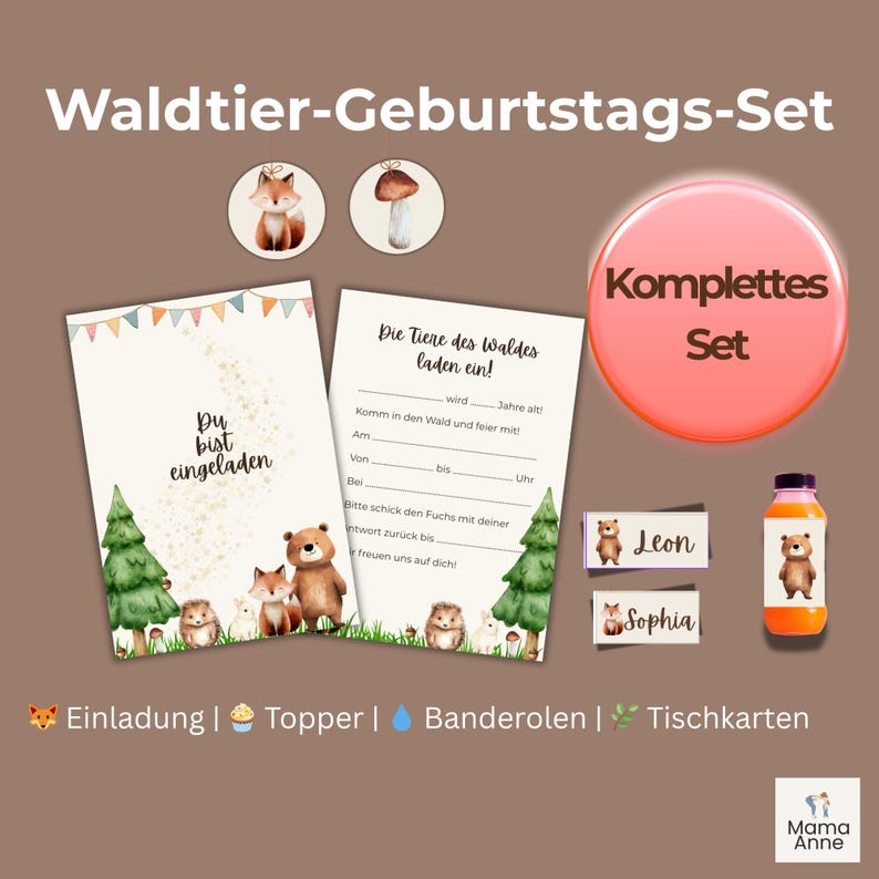 Digitale Einladung Kindergeburtstag Waldtiere – Set mit Einladungskarte, Muffin Topper, Tischkarten und Banderolen zum Ausdrucken"