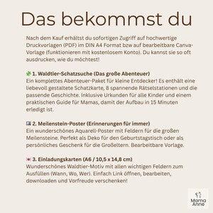 Puede incluir: Fondo blanco con texto en alem&aacute;n, incluido el t&iacute;tulo "Das bekommst du". El texto describe plantillas imprimibles, incluyendo una b&uacute;squeda del tesoro, un p&oacute;ster de hitos y tarjetas de invitaci&oacute;n. Las tarjetas de invitaci&oacute;n son de tama&ntilde;o A6, 10,5 x 14,8 cm.