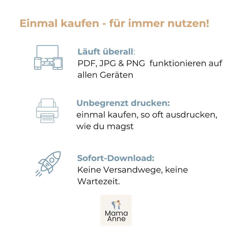 Peut inclure: Un graphique blanc avec du texte en allemand, dont "Einmal kaufen - f&uuml;r immer nutzen!" et des informations sur les formats PDF, JPG et PNG, l'impression illimit&eacute;e et le t&eacute;l&eacute;chargement instantan&eacute;. L'image pr&eacute;sente &eacute;galement un logo pour "Mama Anne."