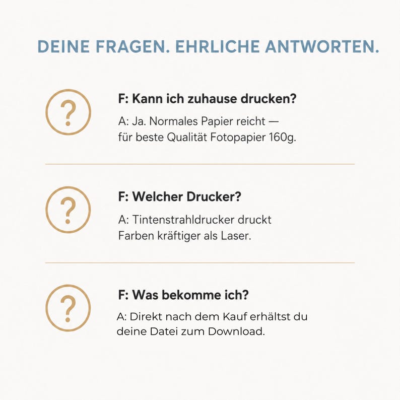 以下が含まれることがあります： 「DEINE FRAGEN. EHRLICHE ANTWORTEN.」のテキストと3つの質問と回答のセットが書かれたグラフィック。各質問は疑問符アイコンでマークされています。回答は、自宅での印刷、プリンターの種類、購入者が受け取るものについてです。