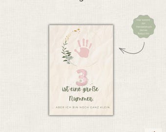 3rd Birthday Invitation Handprint Template DIY Boho Sage Gold, Invitation Cards for 3rd Birthday Girls and Boys, Digital Download