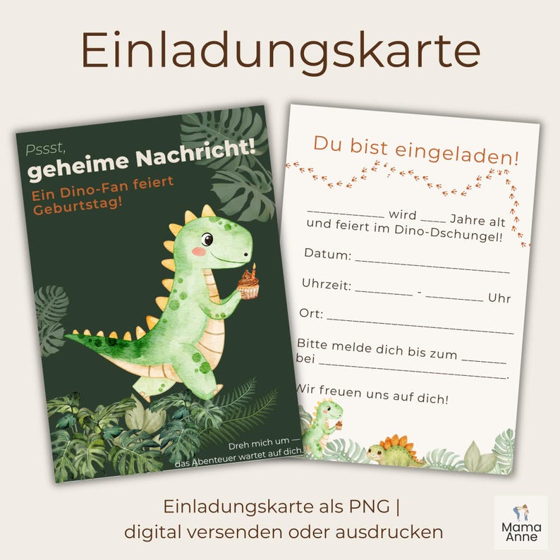 Peut inclure: Carte d'invitation recto-verso sur le th&egrave;me des dinosaures. Un c&ocirc;t&eacute; pr&eacute;sente un dinosaure vert tenant un cupcake, avec du texte en allemand. L'autre c&ocirc;t&eacute; comporte des champs &agrave; remplir pour les d&eacute;tails de la f&ecirc;te. La carte est con&ccedil;ue pour une f&ecirc;te d'anniversaire sur le th&egrave;me des dinosaures.