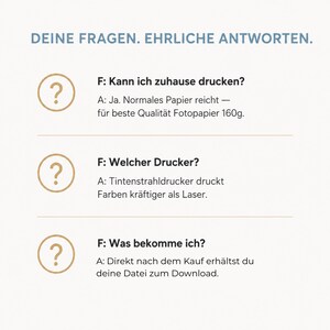 May include: A graphic with the text "DEINE FRAGEN. EHRLICHE ANTWORTEN." and three question-and-answer sets. Each question is marked with a question mark icon. The answers address printing at home, printer type, and what the buyer receives.