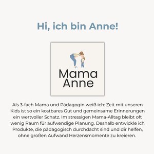 Puede incluir: Un gr&aacute;fico cuadrado blanco con el texto "Mama Anne" en negro, encima de una peque&ntilde;a ilustraci&oacute;n de una madre y un ni&ntilde;o. El texto "Hi, ich bin Anne!" est&aacute; encima del gr&aacute;fico.