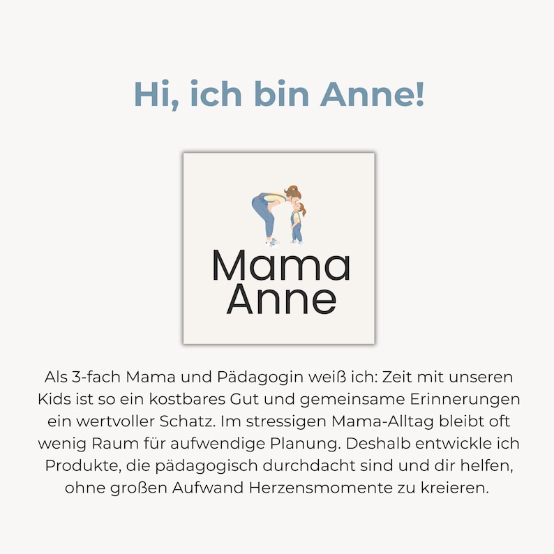 Puede incluir: Un gr&aacute;fico cuadrado blanco con el texto "Mama Anne" en negro, encima de una peque&ntilde;a ilustraci&oacute;n de una madre y un ni&ntilde;o. El texto "Hi, ich bin Anne!" est&aacute; encima del gr&aacute;fico.