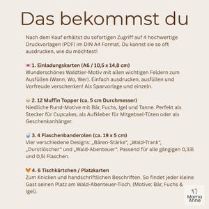 Op de afbeelding: Een beige printbare digitale download met Duitse tekst. De tekst bevat vier items: uitnodigingskaarten (A6, 10,5 x 14,8 cm), 12 muffin toppers (ca. 5 cm diameter), 4 flessenbanden (ca. 19 x 5 cm) en 6 naambordjes.