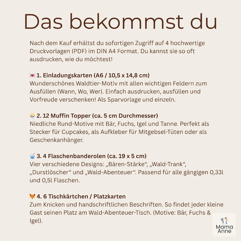 Op de afbeelding: Een beige printbare digitale download met Duitse tekst. De tekst bevat vier items: uitnodigingskaarten (A6, 10,5 x 14,8 cm), 12 muffin toppers (ca. 5 cm diameter), 4 flessenbanden (ca. 19 x 5 cm) en 6 naambordjes.