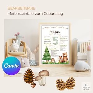 Puede incluir: Un tablero de hitos enmarcado con el texto "BEARBEITBARE Meilensteintafel zum Geburtstag" y "Marino Mein 5. Geburtstag". El tablero presenta una escena de bosque con un gran n&uacute;mero 5, un &aacute;rbol de Navidad y animales del bosque. Elementos decorativos: pi&ntilde;as y setas.