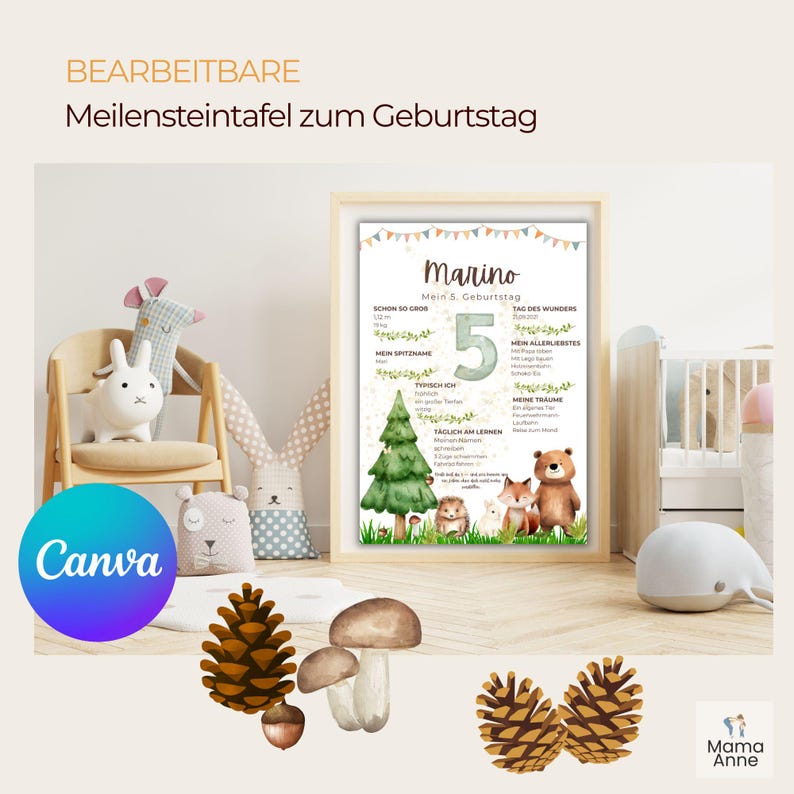 Puede incluir: Un tablero de hitos enmarcado con el texto "BEARBEITBARE Meilensteintafel zum Geburtstag" y "Marino Mein 5. Geburtstag". El tablero presenta una escena de bosque con un gran n&uacute;mero 5, un &aacute;rbol de Navidad y animales del bosque. Elementos decorativos: pi&ntilde;as y setas.