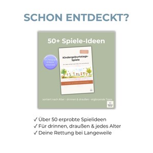 May include: A book cover with the title "Kindergeburtstags-Spiele" (Birthday Party Games) is displayed. The cover features illustrations of children playing outdoors. Text includes "50+ Spiele-Ideen" (Ideas) and "Von P&auml;dagogen & Mama entwickelt" (Developed by Educators & Moms).