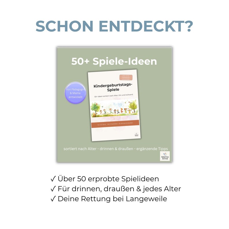 May include: A book cover with the title "Kindergeburtstags-Spiele" (Birthday Party Games) is displayed. The cover features illustrations of children playing outdoors. Text includes "50+ Spiele-Ideen" (Ideas) and "Von P&auml;dagogen & Mama entwickelt" (Developed by Educators & Moms).