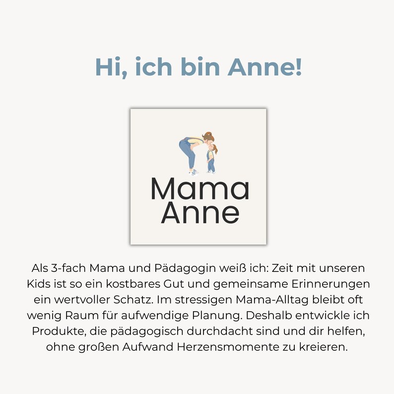 以下が含まれることがあります： 「Mama Anne」の黒い文字が入った白い正方形のグラフィック。その上に、母親と子供の小さなイラストがあります。「Hi, ich bin Anne!」というテキストがグラフィックの上にあります。