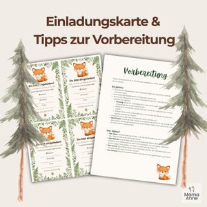 May include: A set of invitation cards and preparation tips. The cards feature a cartoon fox illustration and text in German. The background includes watercolor-style trees and fern leaves. The text on the cards reads "Du bist eingeladen!" and "Mama Anne".