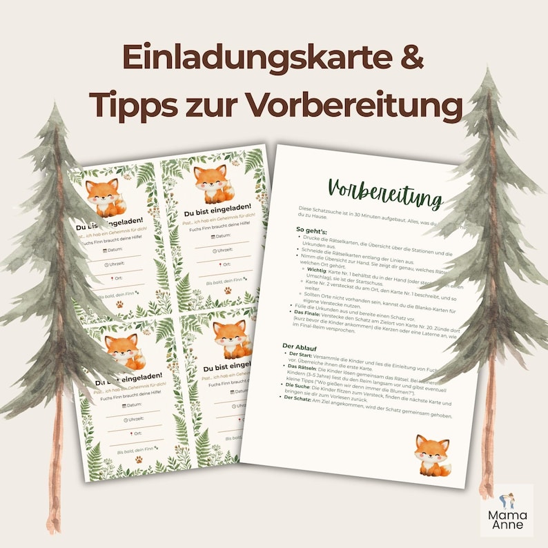 May include: A set of invitation cards and preparation tips. The cards feature a cartoon fox illustration and text in German. The background includes watercolor-style trees and fern leaves. The text on the cards reads "Du bist eingeladen!" and "Mama Anne".