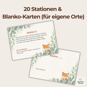 May include: Two white cards with a watercolor eucalyptus leaf border and a cartoon fox illustration. One card has text in German, the other is blank. The text on the card reads "20 Stations & Blank Cards (for your own places)".