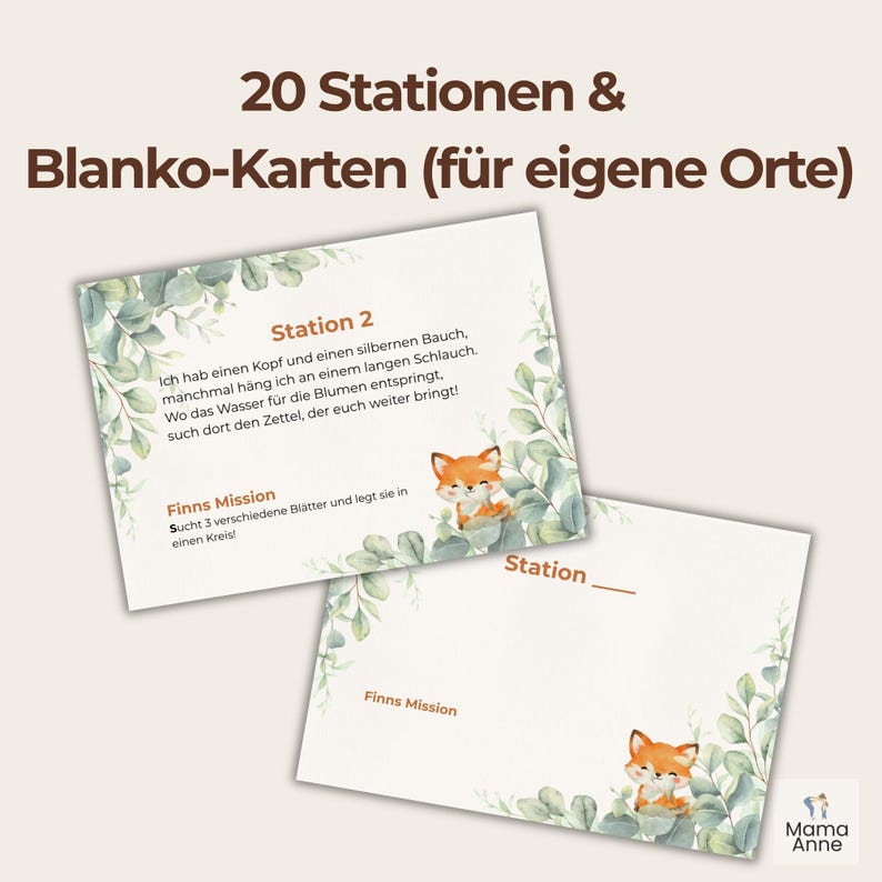 May include: Two white cards with a watercolor eucalyptus leaf border and a cartoon fox illustration. One card has text in German, the other is blank. The text on the card reads "20 Stations & Blank Cards (for your own places)".