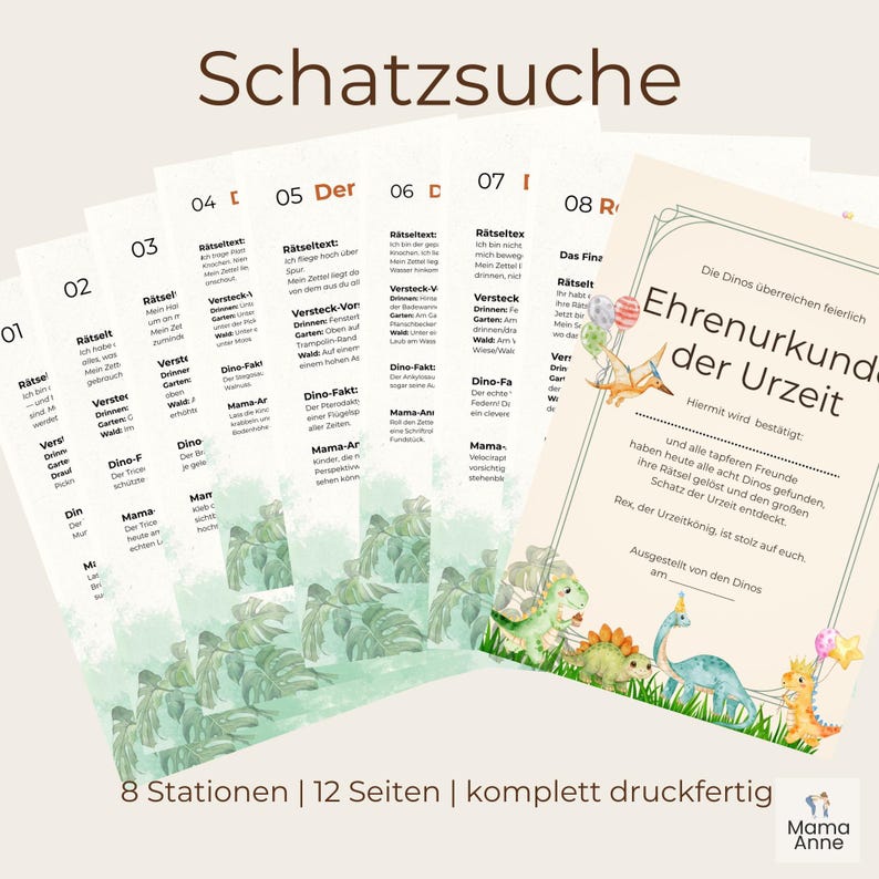 Peut inclure: Un ensemble de cartes de jeu de chasse au tr&eacute;sor imprimables sur le th&egrave;me des dinosaures. Les cartes pr&eacute;sentent du texte et des illustrations de dinosaures et de plantes tropicales. Le titre "Schatzsuche" est en haut. L'ensemble comprend 8 stations et 12 pages.