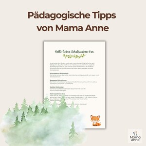 May include: A white paper with text and a watercolor illustration of a forest and a fox. The text is in German and includes the title "P&auml;dagogische Tipps von Mama Anne."